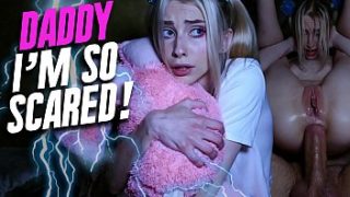 Innocent blonde girl is afraid of thunderstorms and wants to get under Jean-Marie Corda’s blanket but.. she gets her young shaved pussy and tight asshole fucked hard by the horny older guy